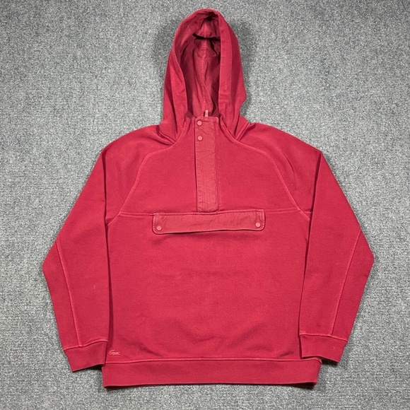Vintage Lacoste 1/4 Zip Snap Button Pullover Hoodie Red Mens Large 0460 - Picture 1 of 11